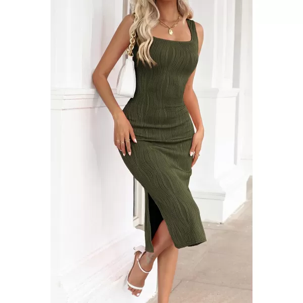 HOTOUCH Womens Summer Bodycon Dress Square Neck Sleeveless Midi Tank Sundress Sexy Ribbed Side Slit Party DressesArmy Green