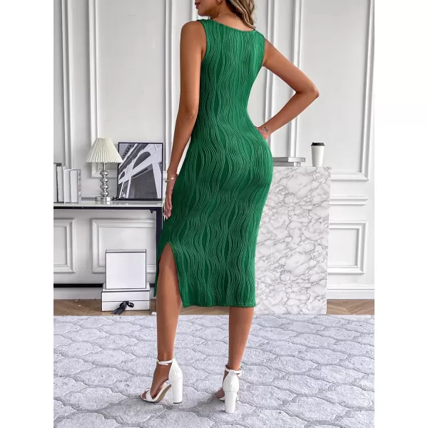 HOTOUCH Womens Summer Bodycon Dress Square Neck Sleeveless Midi Tank Sundress Sexy Ribbed Side Slit Party DressesGreen