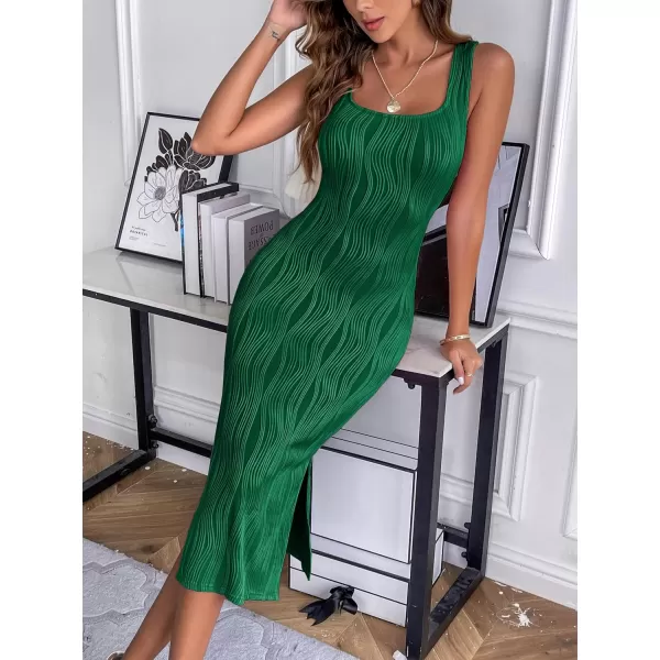 HOTOUCH Womens Summer Bodycon Dress Square Neck Sleeveless Midi Tank Sundress Sexy Ribbed Side Slit Party DressesGreen
