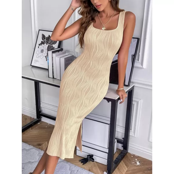 HOTOUCH Womens Summer Bodycon Dress Square Neck Sleeveless Midi Tank Sundress Sexy Ribbed Side Slit Party DressesLight Coffee