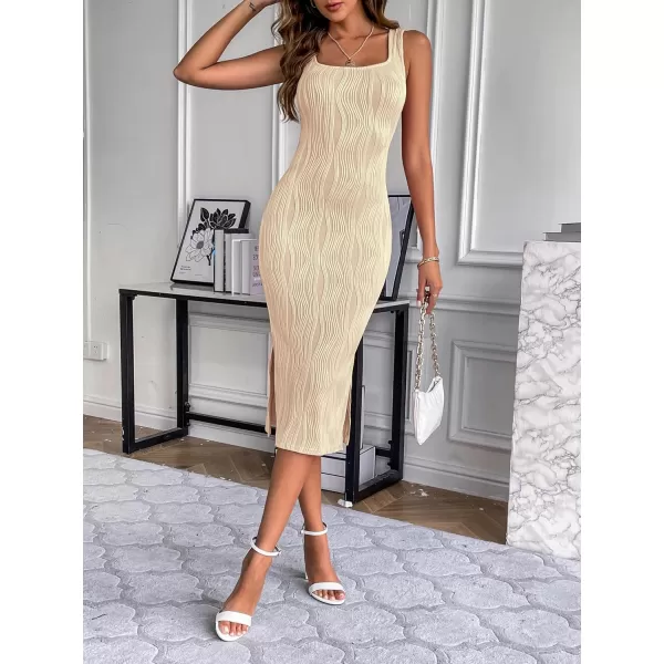 HOTOUCH Womens Summer Bodycon Dress Square Neck Sleeveless Midi Tank Sundress Sexy Ribbed Side Slit Party DressesLight Coffee