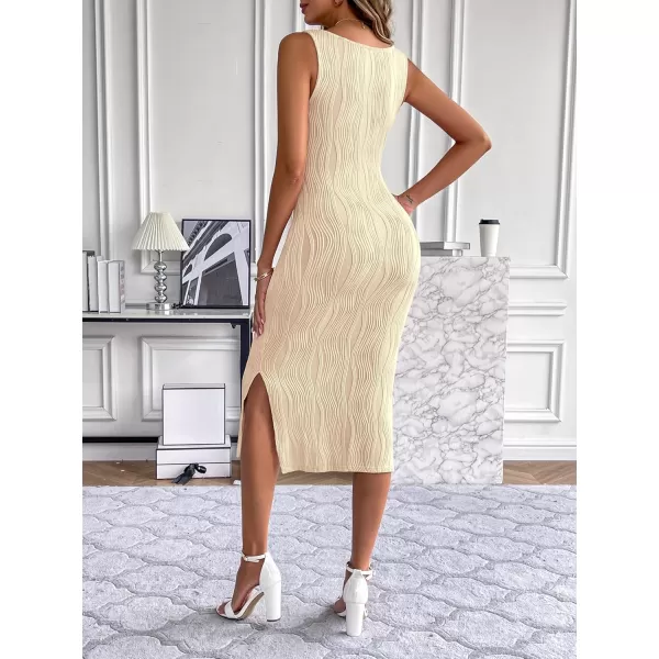 HOTOUCH Womens Summer Bodycon Dress Square Neck Sleeveless Midi Tank Sundress Sexy Ribbed Side Slit Party DressesLight Coffee