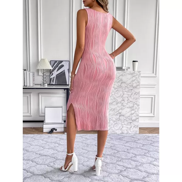 HOTOUCH Womens Summer Bodycon Dress Square Neck Sleeveless Midi Tank Sundress Sexy Ribbed Side Slit Party DressesPink