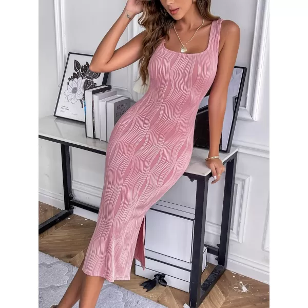 HOTOUCH Womens Summer Bodycon Dress Square Neck Sleeveless Midi Tank Sundress Sexy Ribbed Side Slit Party DressesPink