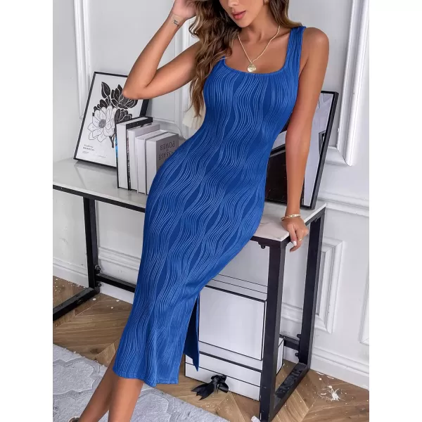 HOTOUCH Womens Summer Bodycon Dress Square Neck Sleeveless Midi Tank Sundress Sexy Ribbed Side Slit Party DressesSky Blue