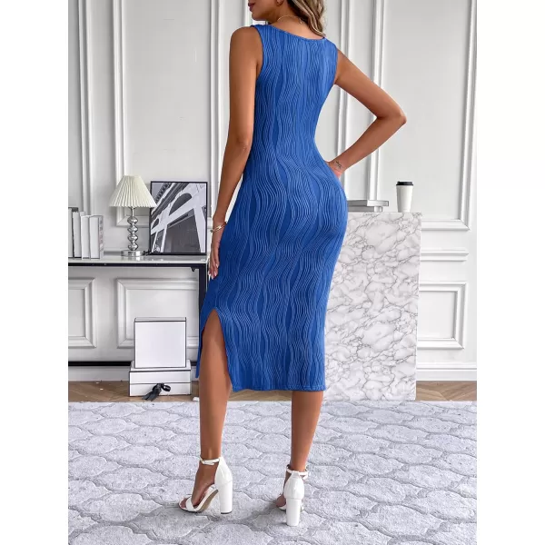 HOTOUCH Womens Summer Bodycon Dress Square Neck Sleeveless Midi Tank Sundress Sexy Ribbed Side Slit Party DressesSky Blue