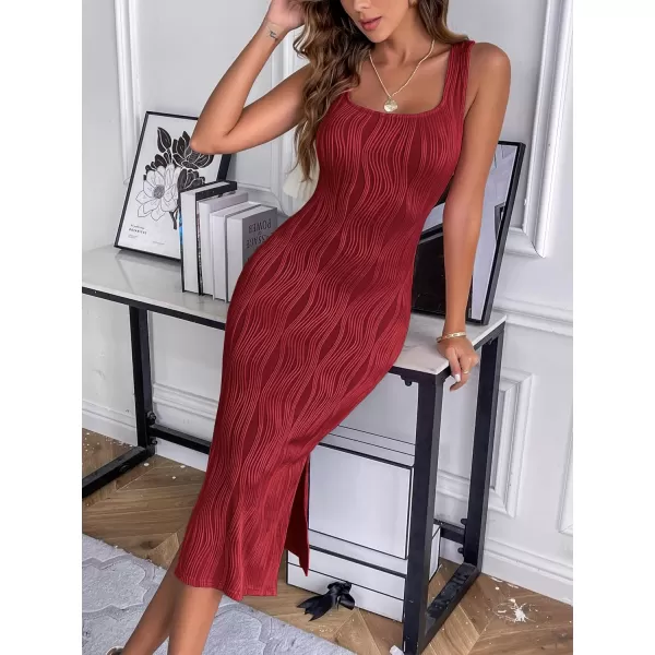 HOTOUCH Womens Summer Bodycon Dress Square Neck Sleeveless Midi Tank Sundress Sexy Ribbed Side Slit Party DressesWine Red