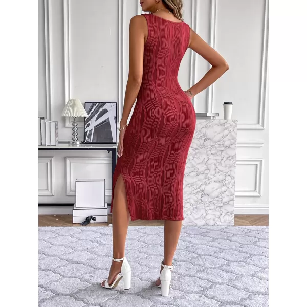 HOTOUCH Womens Summer Bodycon Dress Square Neck Sleeveless Midi Tank Sundress Sexy Ribbed Side Slit Party DressesWine Red