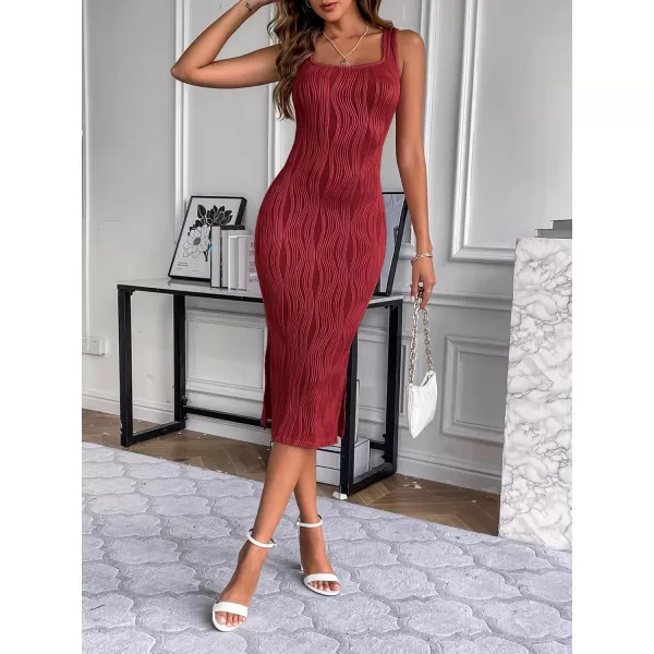 HOTOUCH Womens Summer Bodycon Dress Square Neck Sleeveless Midi Tank Sundress Sexy Ribbed Side Slit Party DressesWine Red