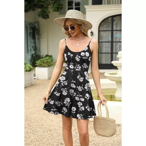 HOTOUCH Womens Summer Dress Adjustable Spaghetti Strap Floral Mini Casual Dress with Pockets Fit ampamp Flare Beach SundressBlack Floral 2