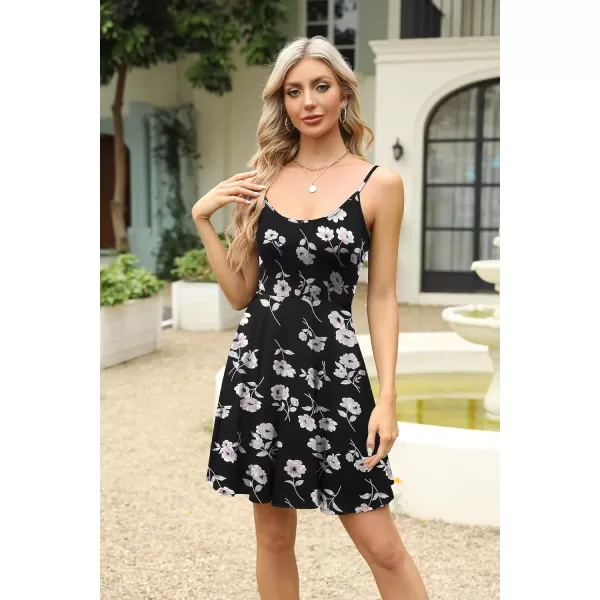 HOTOUCH Womens Summer Dress Adjustable Spaghetti Strap Floral Mini Casual Dress with Pockets Fit ampamp Flare Beach SundressBlack Floral 2