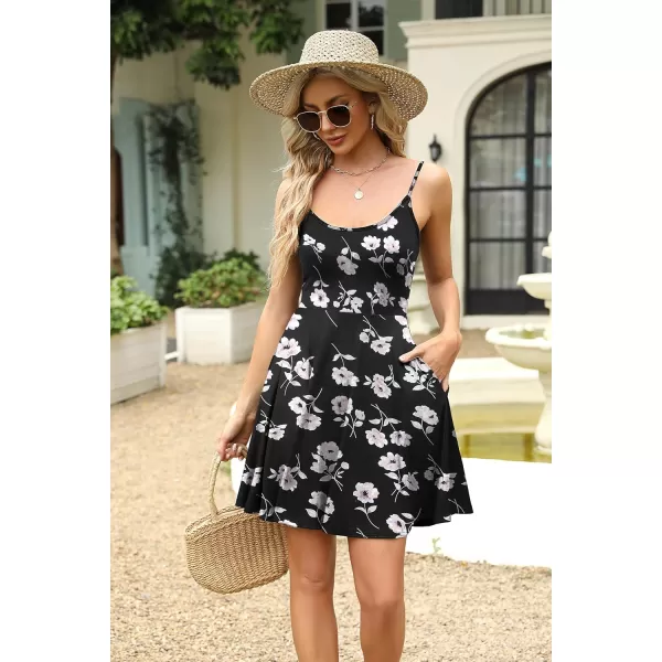 HOTOUCH Womens Summer Dress Adjustable Spaghetti Strap Floral Mini Casual Dress with Pockets Fit ampamp Flare Beach SundressBlack Floral 2