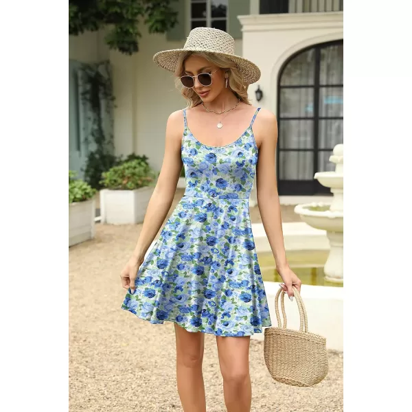 HOTOUCH Womens Summer Dress Adjustable Spaghetti Strap Floral Mini Casual Dress with Pockets Fit ampamp Flare Beach SundressBlue Floral 2