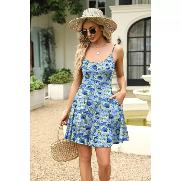 HOTOUCH Womens Summer Dress Adjustable Spaghetti Strap Floral Mini Casual Dress with Pockets Fit ampamp Flare Beach SundressBlue Floral 2