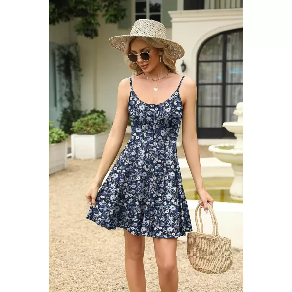 HOTOUCH Womens Summer Dress Adjustable Spaghetti Strap Floral Mini Casual Dress with Pockets Fit ampamp Flare Beach SundressNavy Blue Floral 2