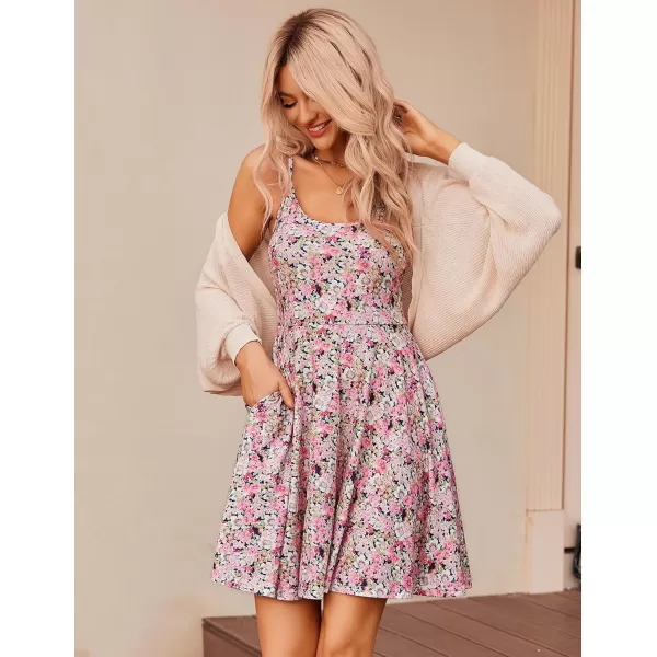 HOTOUCH Womens Summer Dress Adjustable Spaghetti Strap Floral Mini Casual Dress with Pockets Fit ampamp Flare Beach SundressPink Floral