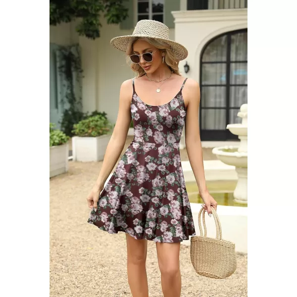 HOTOUCH Womens Summer Dress Adjustable Spaghetti Strap Floral Mini Casual Dress with Pockets Fit ampamp Flare Beach SundressWine Red Floral