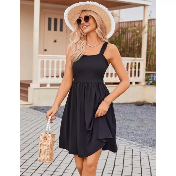 HOTOUCH Womens Summer Dress Floral Square Neck Sleeveless Casual Dress with Pockets Aline Swing Mini Dresses SundressBlack