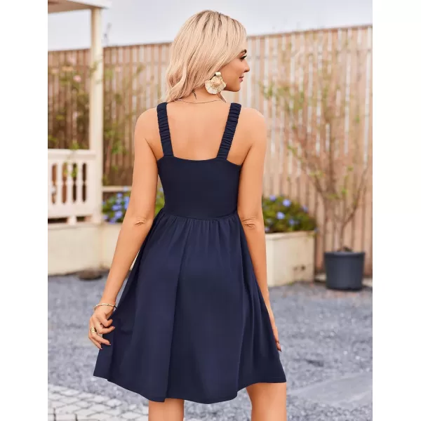 HOTOUCH Womens Summer Dress Floral Square Neck Sleeveless Casual Dress with Pockets Aline Swing Mini Dresses SundressNavy Blue