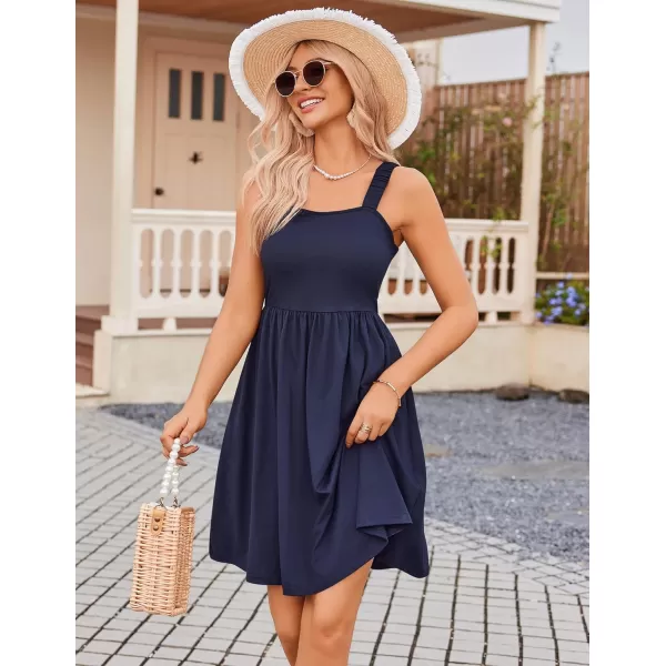 HOTOUCH Womens Summer Dress Floral Square Neck Sleeveless Casual Dress with Pockets Aline Swing Mini Dresses SundressNavy Blue