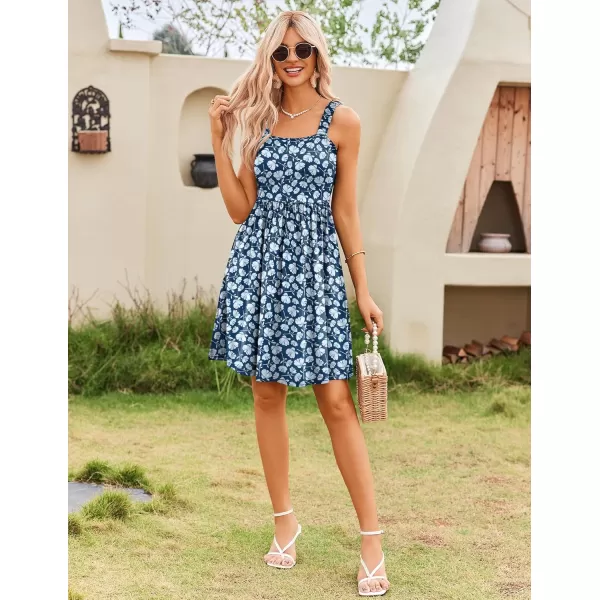 HOTOUCH Womens Summer Dress Floral Square Neck Sleeveless Casual Dress with Pockets Aline Swing Mini Dresses SundressNavy Blue Floral