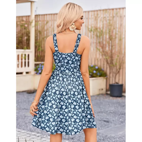 HOTOUCH Womens Summer Dress Floral Square Neck Sleeveless Casual Dress with Pockets Aline Swing Mini Dresses SundressNavy Blue Floral