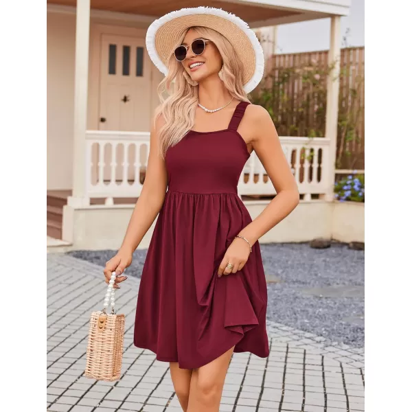 HOTOUCH Womens Summer Dress Floral Square Neck Sleeveless Casual Dress with Pockets Aline Swing Mini Dresses SundressWine Red