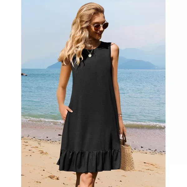 HOTOUCH Womens Summer Dresses Casual Loose Sleeveless Tshirt Sundress Ruffle Hem Tank Dress Beach Dress with PocketsAblack