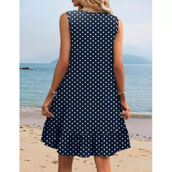 HOTOUCH Womens Summer Dresses Casual Loose Sleeveless Tshirt Sundress Ruffle Hem Tank Dress Beach Dress with PocketsBlue Polka Dot Print