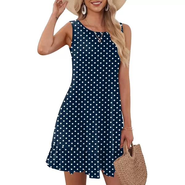 HOTOUCH Womens Summer Dresses Casual Loose Sleeveless Tshirt Sundress Ruffle Hem Tank Dress Beach Dress with PocketsBlue Polka Dot Print