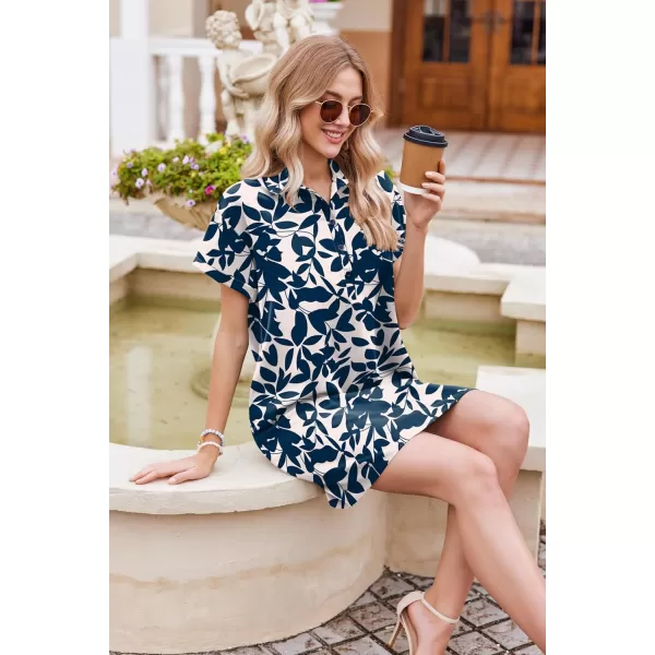 HOTOUCH Womens Summer Shirt Dress Short Sleeve Floral Shift Dress Casual Loose Flowy Beach Sundress with Pockets01blue Leaf Print