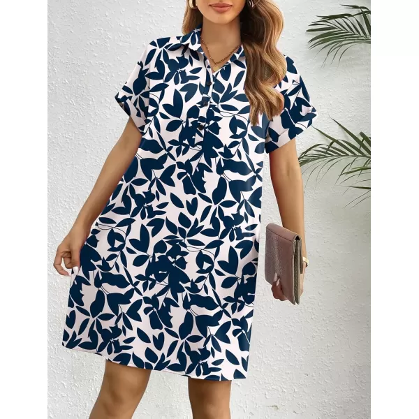 HOTOUCH Womens Summer Shirt Dress Short Sleeve Floral Shift Dress Casual Loose Flowy Beach Sundress with Pockets01blue Leaf Print