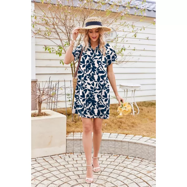 HOTOUCH Womens Summer Shirt Dress Short Sleeve Floral Shift Dress Casual Loose Flowy Beach Sundress with Pockets01blue Leaf Print