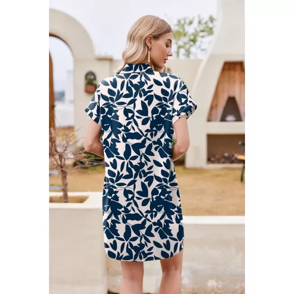 HOTOUCH Womens Summer Shirt Dress Short Sleeve Floral Shift Dress Casual Loose Flowy Beach Sundress with Pockets01blue Leaf Print