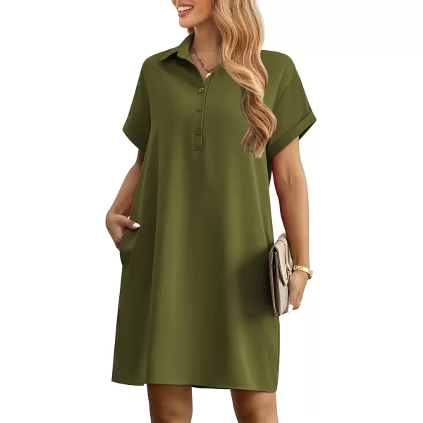 HOTOUCH Womens Summer Shirt Dress Short Sleeve Floral Shift Dress Casual Loose Flowy Beach Sundress with PocketsArmy Green