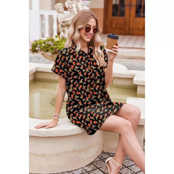 HOTOUCH Womens Summer Shirt Dress Short Sleeve Floral Shift Dress Casual Loose Flowy Beach Sundress with PocketsBlack Red Floral