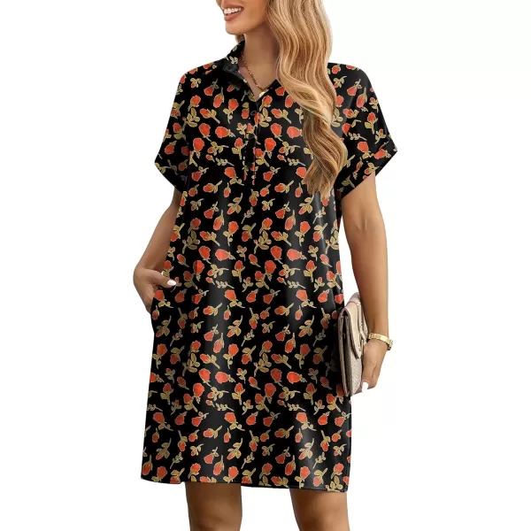 HOTOUCH Womens Summer Shirt Dress Short Sleeve Floral Shift Dress Casual Loose Flowy Beach Sundress with PocketsBlack Red Floral