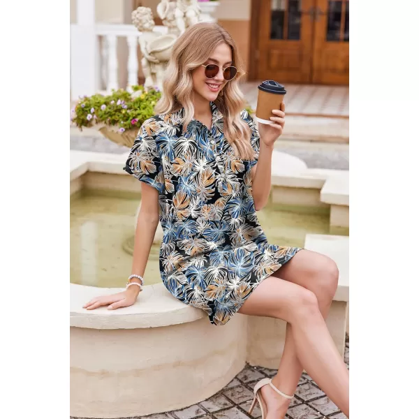 HOTOUCH Womens Summer Shirt Dress Short Sleeve Floral Shift Dress Casual Loose Flowy Beach Sundress with PocketsBlue Orange Leaves