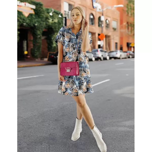 HOTOUCH Womens Summer Shirt Dress Short Sleeve Floral Shift Dress Casual Loose Flowy Beach Sundress with PocketsBlue Orange Leaves