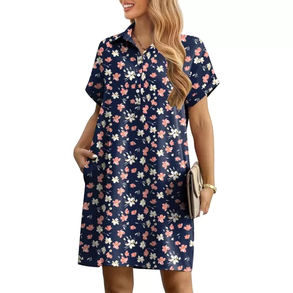 HOTOUCH Womens Summer Shirt Dress Short Sleeve Floral Shift Dress Casual Loose Flowy Beach Sundress with PocketsBlue Pink Floral