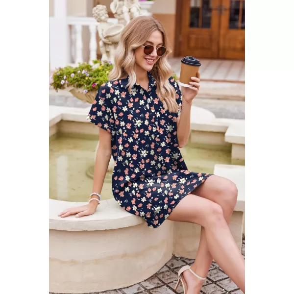 HOTOUCH Womens Summer Shirt Dress Short Sleeve Floral Shift Dress Casual Loose Flowy Beach Sundress with PocketsBlue Pink Floral