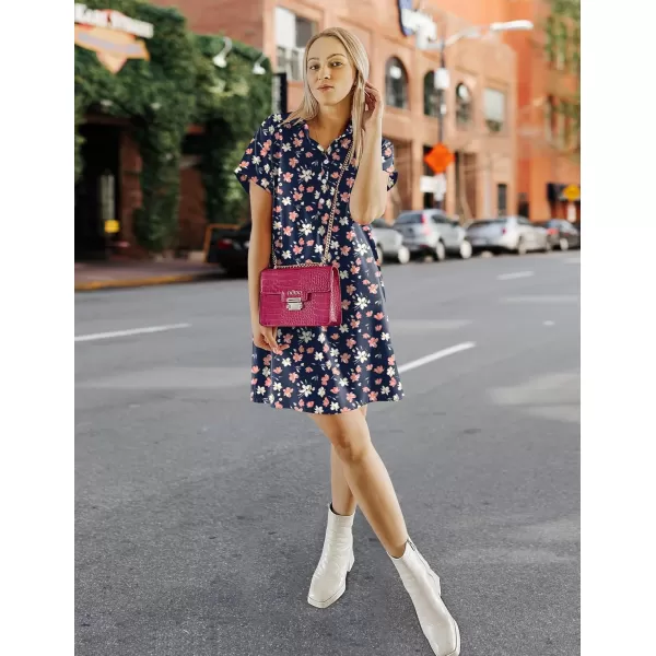 HOTOUCH Womens Summer Shirt Dress Short Sleeve Floral Shift Dress Casual Loose Flowy Beach Sundress with PocketsBlue Pink Floral