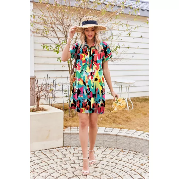 HOTOUCH Womens Summer Shirt Dress Short Sleeve Floral Shift Dress Casual Loose Flowy Beach Sundress with PocketsMulticolor