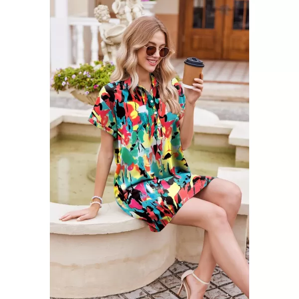 HOTOUCH Womens Summer Shirt Dress Short Sleeve Floral Shift Dress Casual Loose Flowy Beach Sundress with PocketsMulticolor