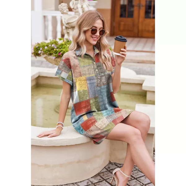 HOTOUCH Womens Summer Shirt Dress Short Sleeve Floral Shift Dress Casual Loose Flowy Beach Sundress with PocketsPatchwork Print