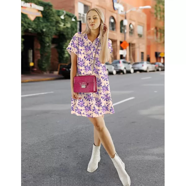 HOTOUCH Womens Summer Shirt Dress Short Sleeve Floral Shift Dress Casual Loose Flowy Beach Sundress with PocketsPurple Floral