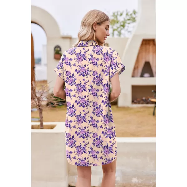 HOTOUCH Womens Summer Shirt Dress Short Sleeve Floral Shift Dress Casual Loose Flowy Beach Sundress with PocketsPurple Floral