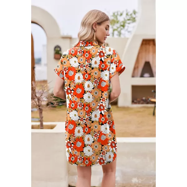 HOTOUCH Womens Summer Shirt Dress Short Sleeve Floral Shift Dress Casual Loose Flowy Beach Sundress with PocketsWhite Red Orange Floral