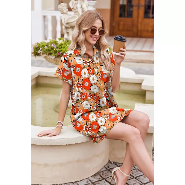 HOTOUCH Womens Summer Shirt Dress Short Sleeve Floral Shift Dress Casual Loose Flowy Beach Sundress with PocketsWhite Red Orange Floral