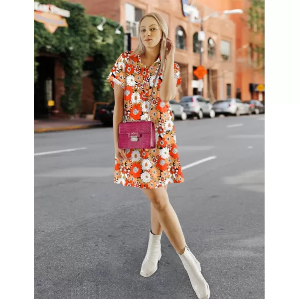 HOTOUCH Womens Summer Shirt Dress Short Sleeve Floral Shift Dress Casual Loose Flowy Beach Sundress with PocketsWhite Red Orange Floral